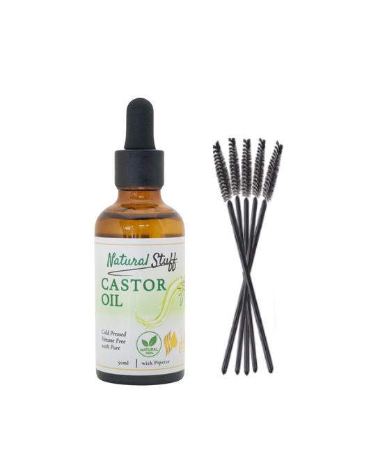Pack of 1 Natural Stuff Premium Castor Oil Cold-pressed Hexane Free 50ml with 5x Mascara Wands